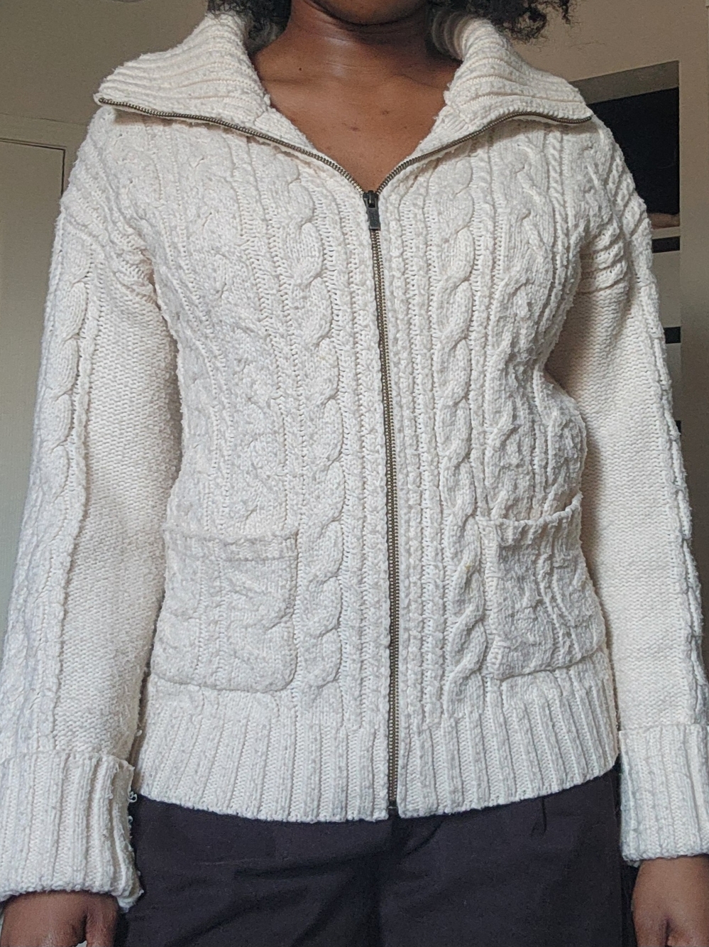 Oak + Fort High-Neckline Cable Knit Zip-Up Cardigan